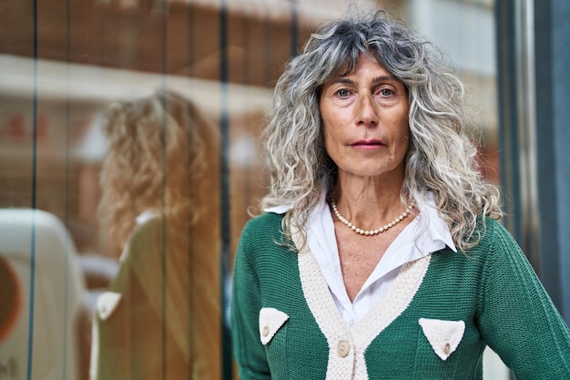 Femme d'âge moyen avec une expression détendue debout dans la rue