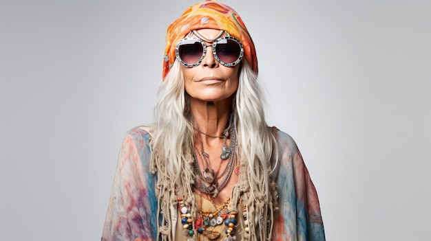 Femme d'âge moyen habillée en hippie de 1968 dans une photo de style National Geographic