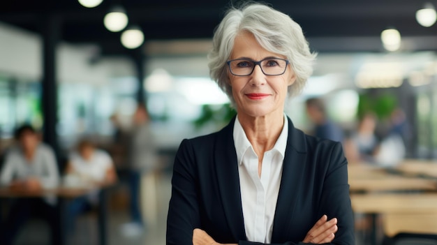 Femme d'âge moyen mature souriante et confiante, debout dans un bureau moderne