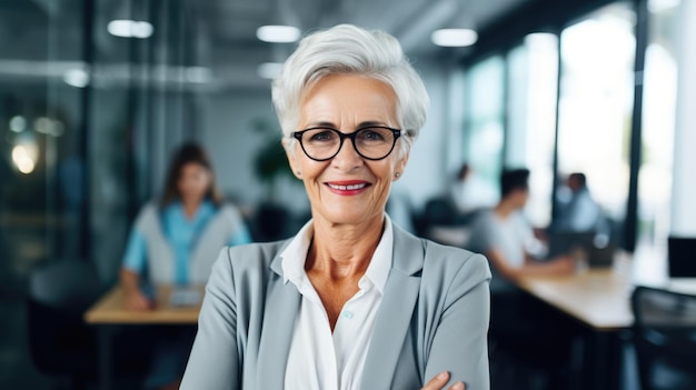 Femme d'âge moyen mature souriante et confiante, debout dans un bureau moderne