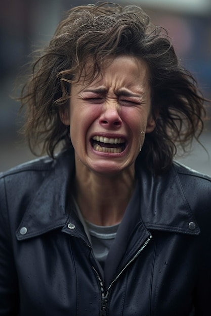 Une femme d'âge moyen pleure dans les rues de la ville.
