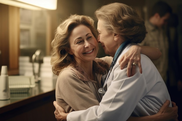 Une femme d'âge moyen souriante chaleureusement embrassée par une médecin de bon cœur symbolise le lien de compassion entre le patient et le médecin.