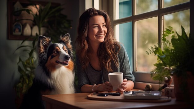 Une femme d'âge moyen souriante joue avec son chien heureux tout en prenant un petit déjeuner le matin.