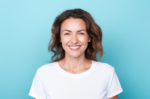 Une femme d'âge moyen souriante et portant un t-shirt blanc sur un fond turquoise