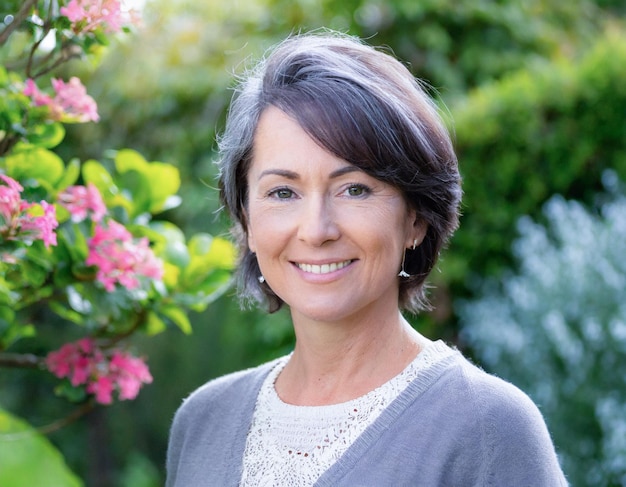 femme d'âge moyen souriante portrait amical de cheveux gris avec fond de jardin