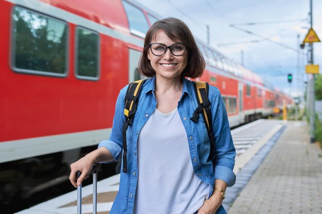 Une femme d'âge moyen souriante avec un sac à dos de valise sur la plate-forme extérieure de la gare regardant la caméra sur le fond d'un train électrique rouge.