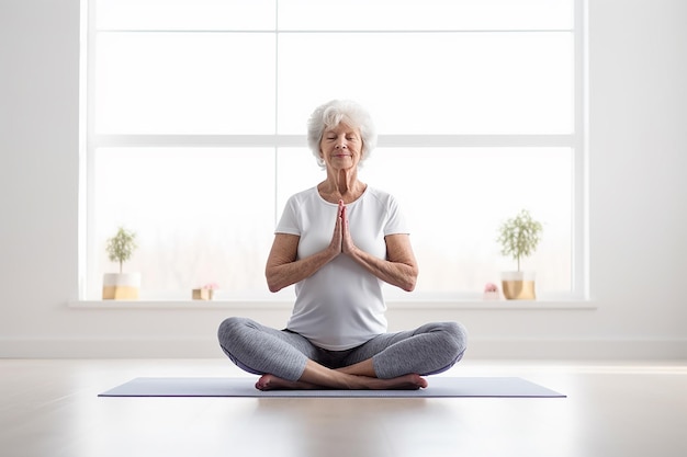 une femme âgée de 60 ans est assise dans la position du lotus sur un tapis de yoga dans un studio avec une grande fenêtre