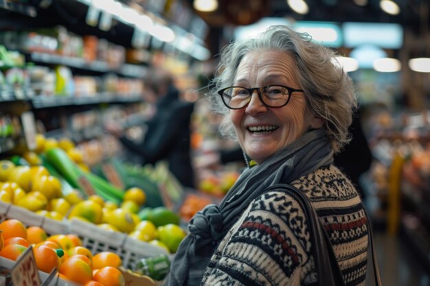 Photo une femme âgée achète des légumes frais avec une ia générée