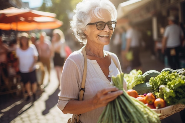 Photo une femme âgée achète des légumes et des fruits frais au marché et tient un sac rempli d'aliments sains