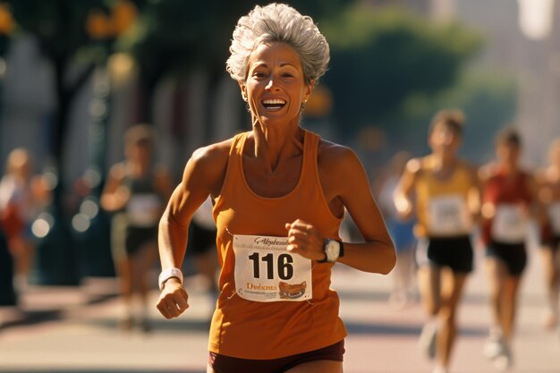 Une femme âgée active participe à une course de marathon par une belle journée d'été ensoleillée