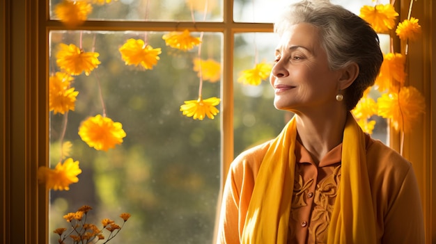 Photo une femme âgée active pratiquant un yoga apaisant dans une belle maison illuminée sur le thème de l'automne