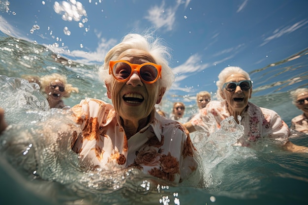 Femme âgée active très heureuse avec des amis sur fond d'eau
