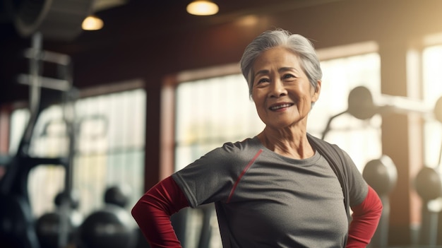 Femme âgée asiatique heureuse dans la salle de sport Mode de vie actif et sain à l'âge adulte généré par l'IA