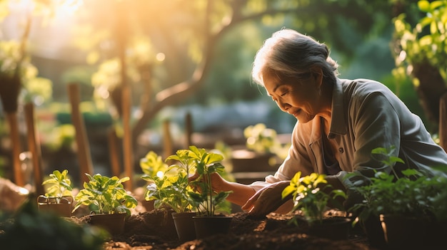 Photo une femme âgée asiatique plante des plantes dans un jardin.