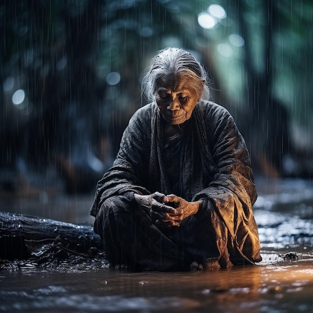 une femme âgée assise en contact avec la pluie pendant la saison sèche changement climatique