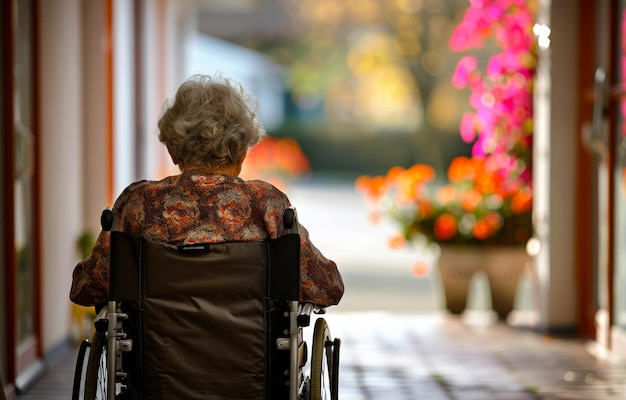 Femme âgée assise seule dans un fauteuil roulant Programmes de retraite contrôlés par le gouvernement