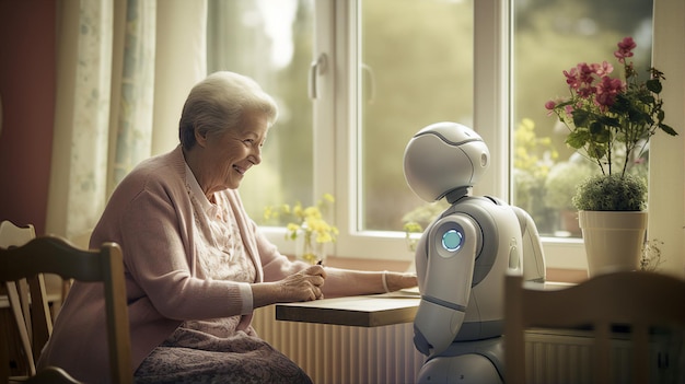 Femme âgée assise à la table et parlant avec un robot à la maisonFemme âgée assise à la table