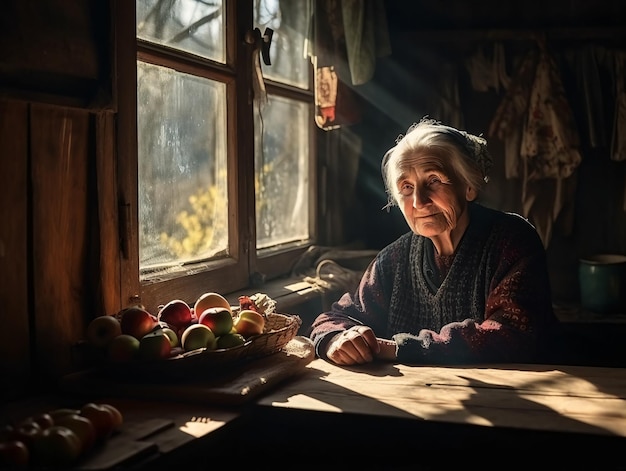 Femme âgée assise à une vieille table près d'une fenêtre dans une vieille maison en rondins générée par l'IA AI generative AI generative