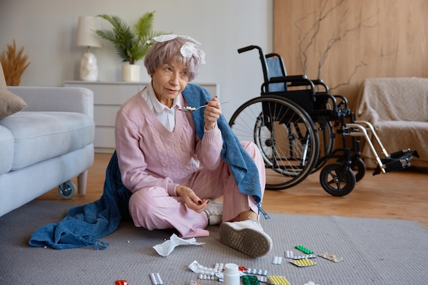 Une femme âgée atteinte de démence mange des pilules éparpillées sur le sol.
