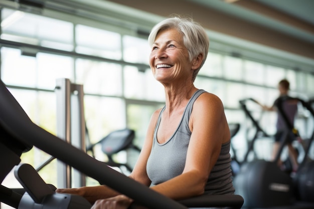 Une femme âgée au gymnase.