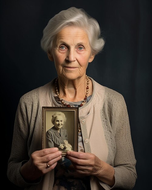 Une femme âgée au regard nostalgique réfléchit sur ses précieux souvenirs