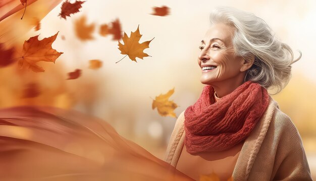 une femme âgée en automne tourne des feuilles dans un parc d'automne