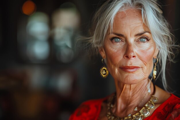 Une femme âgée aux cheveux blancs et aux yeux bleus