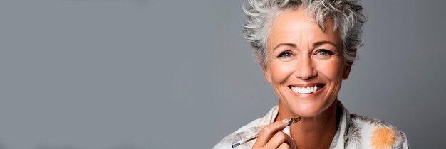 Photo femme âgée aux cheveux gris appliquant du maquillage avec un pinceau dans un fond de studio