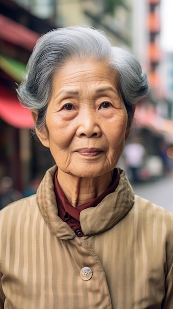 une femme âgée aux cheveux gris et une écharpe brune.