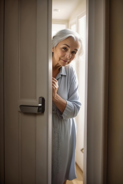 Photo une femme âgée aux cheveux gris souriante en robe de maison détourne son regard de derrière la porte.