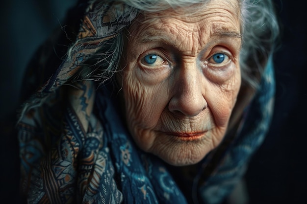 Une femme âgée aux yeux bleus frappants et un regard réfléchi dans un portrait en gros plan