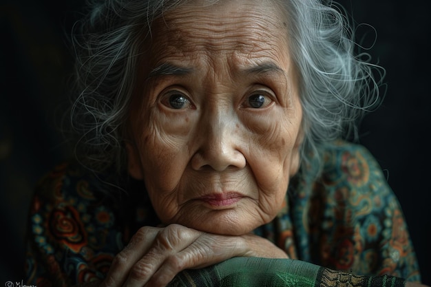 Une femme âgée aux yeux pensifs