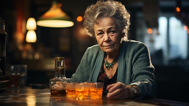 Une femme âgée boit de l'alcool