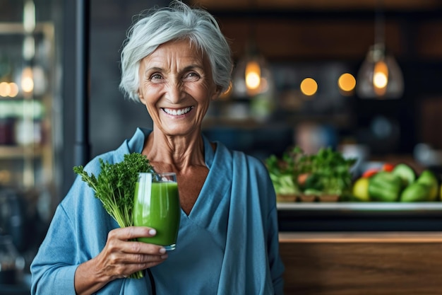 Femme âgée en bonne santé souriant tout en tenant du jus vert AI générative