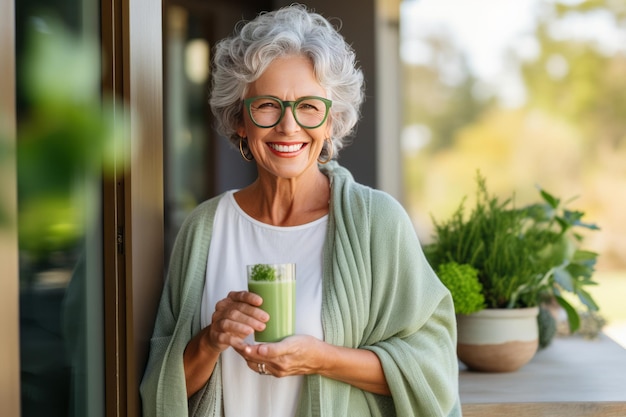 Femme âgée en bonne santé souriant tout en tenant du jus vert généré par l'IA