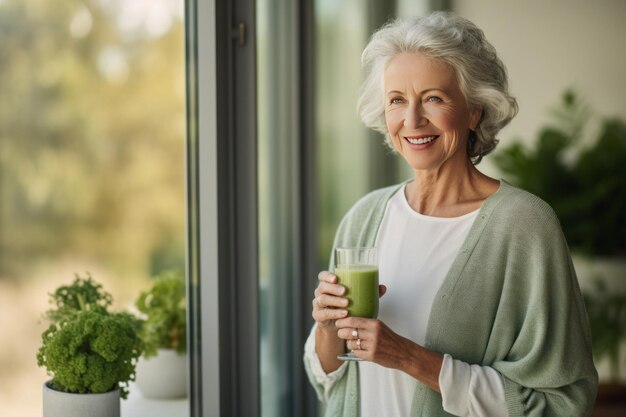 Une femme âgée en bonne santé souriant tout en tenant un peu de jus vert à la maison