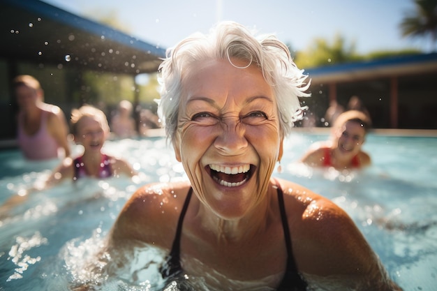 Photo une femme âgée en bonne santé et souriante nageant dans la piscine.