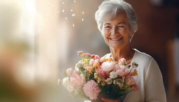 femme âgée avec bouquet de fleurs concept de la Saint-Valentin
