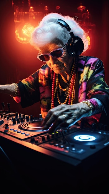 Femme âgée brillante DJ lors d'une rave Techno party dans le club Grandma DJ Image verticale générée par l'IA