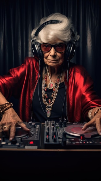 Femme âgée brillante DJ lors d'une rave Techno party dans le club Grandma DJ Image verticale générée par l'IA