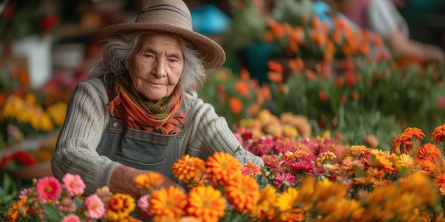 Une femme âgée avec un chapeau et un oberol arrange son concept de printemps de jardin