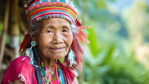 Une femme âgée avec une coiffure colorée et des boucles d'oreilles