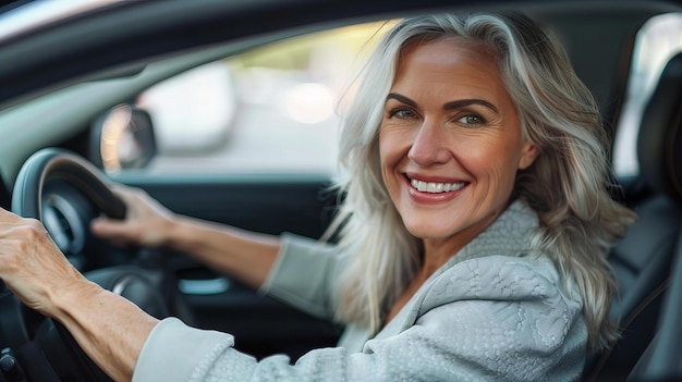 Une femme âgée confiante conduisant une voiture pendant la journée