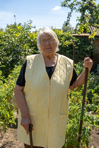 Femme âgée, dans, elle, jardin, sourire