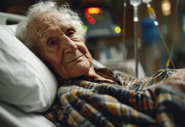 Femme âgée dans un lit d'hôpital