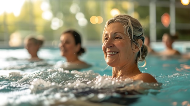 Une femme âgée dans une piscine s'amusant un jour d'été avec l'IA générative de l'espace