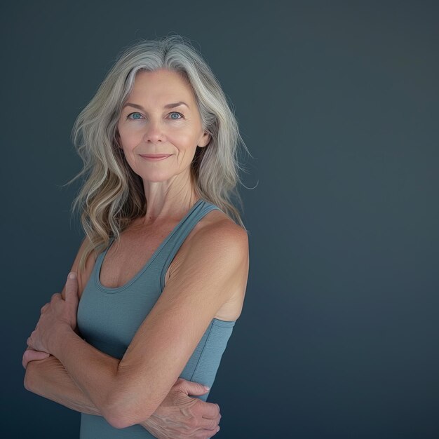 Une femme âgée dans un tank top bleu debout avec les bras croisés