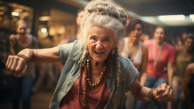 Une femme âgée danse parmi les autres