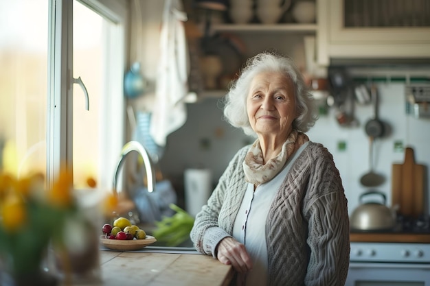 une femme âgée debout dans une cuisine