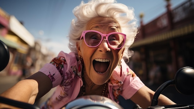 Femme âgée drôle et folle dans le rallye moto moderne, joyeuse et folle expressive
